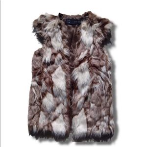 ZARA Basics Cream & Brown Faux Fur Open Front Vest